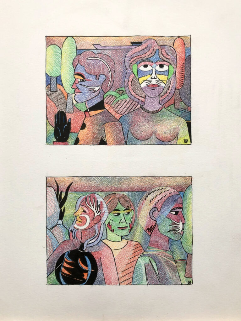 Deux dessins à l'encre et crayons de couleur sur une même page 24.5 x 31.5 cm