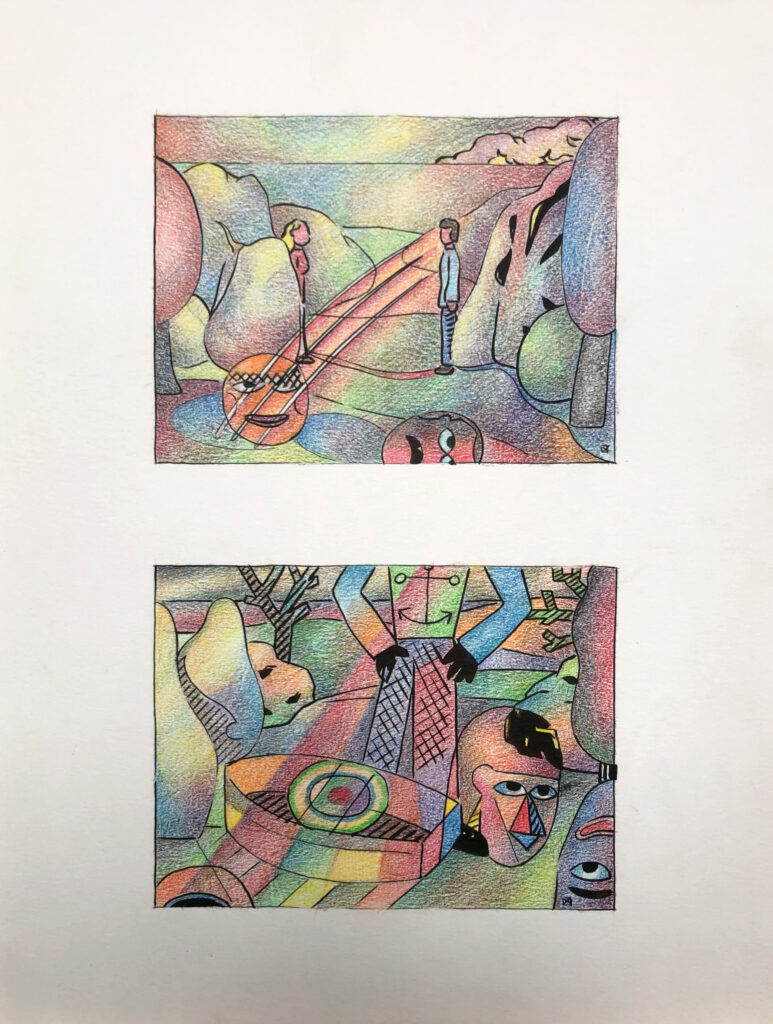 Deux dessins à l'encre et crayons de couleur sur une même page 24.5 x 31.5 cm