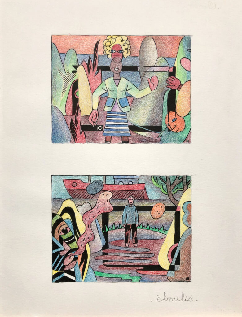 Deux dessins à l'encre et crayons de couleur sur une même page 24.5 x 31.5 cm