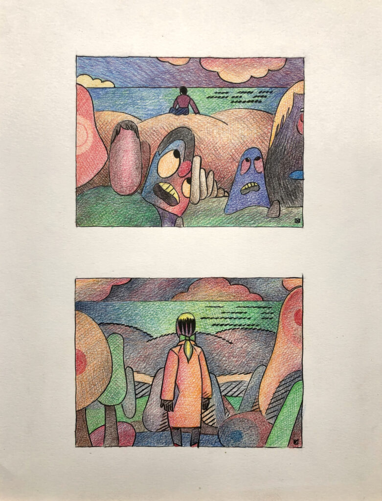 Deux dessins à l'encre et crayons de couleur sur une même page 24.5 x 31.5 cm