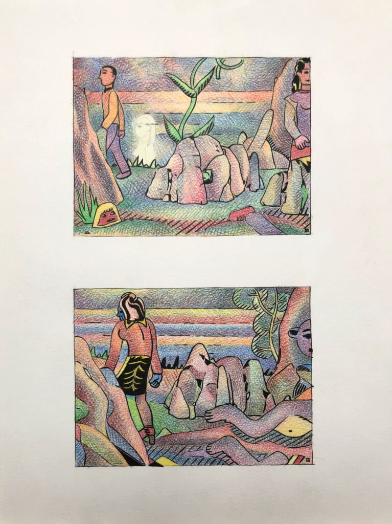 Deux dessins à l'encre et crayons de couleur sur une même page 24.5 x 31.5 cm