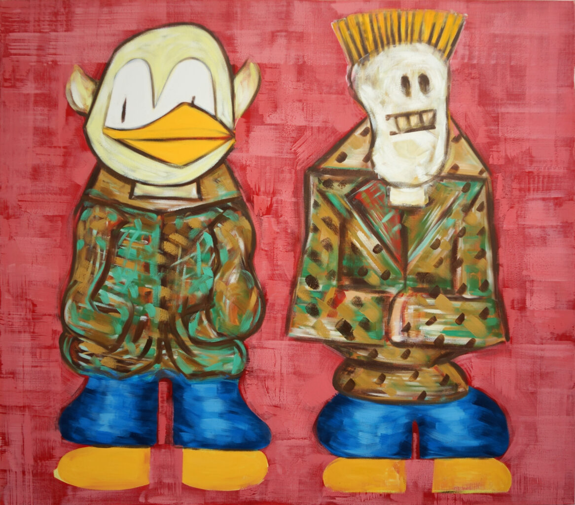 Peinture à l'huile qui représente deux personnages en tenue de camouflage dont un avec une tête de canard