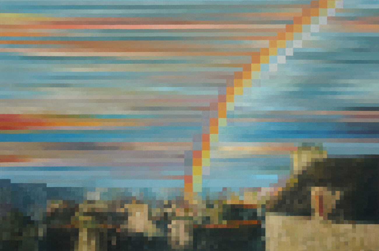 Peinture à l'huile qui montre un paysage pixelisé petit carreau par petit carreau avec un arc-en-ciel approximatif.