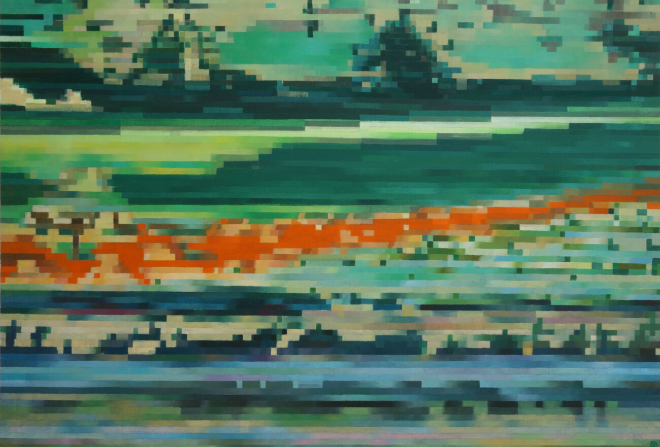 Paysage peinture contemporaine pixelisée qui représente le rivage d'une rivière. Reformulation d'une photographie pixelisée.