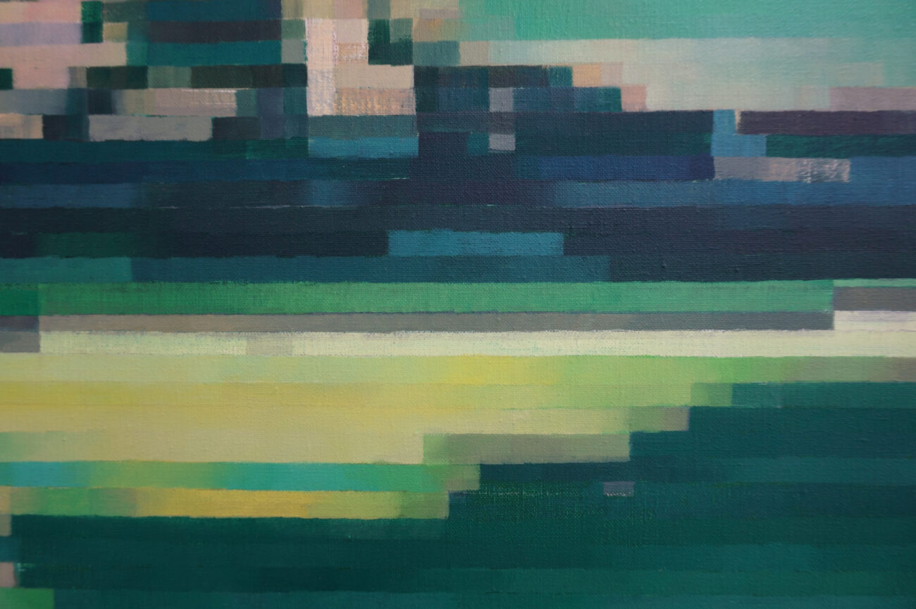 Détail de paysage peinture contemporaine pixelisée qui représente le rivage d'une rivière.