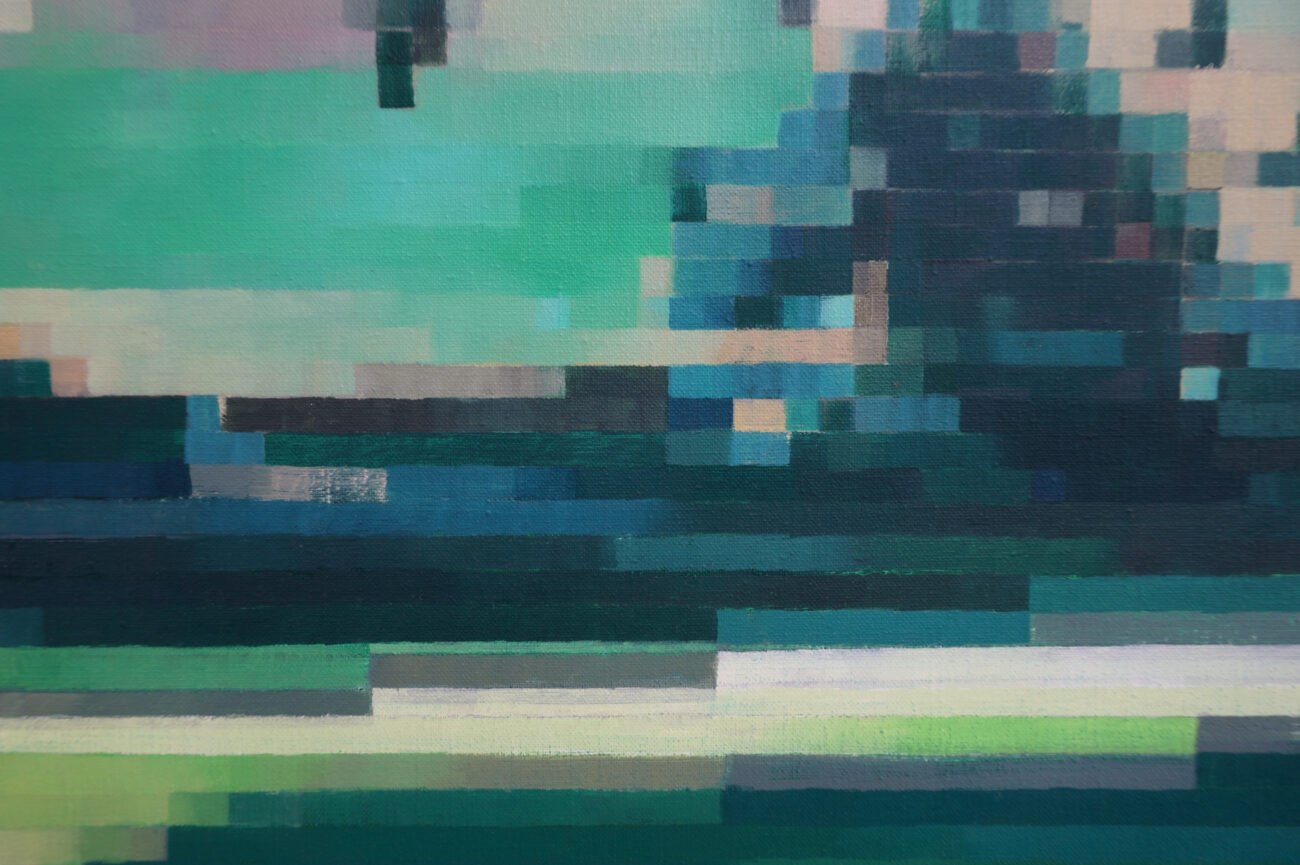 Détail de paysage peinture contemporaine pixelisée qui représente le rivage d'une rivière.