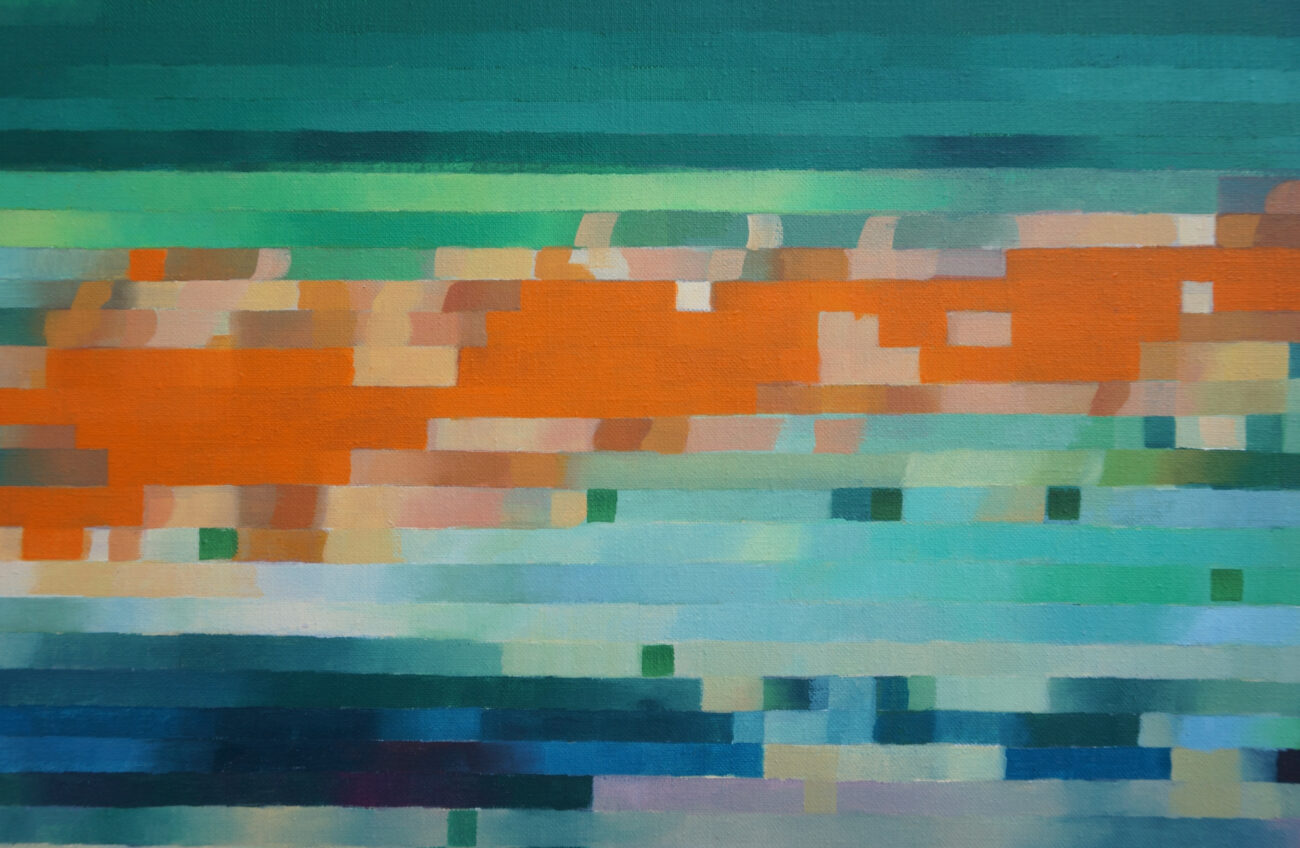 Détail de paysage peinture contemporaine pixelisée qui représente le rivage d'une rivière.