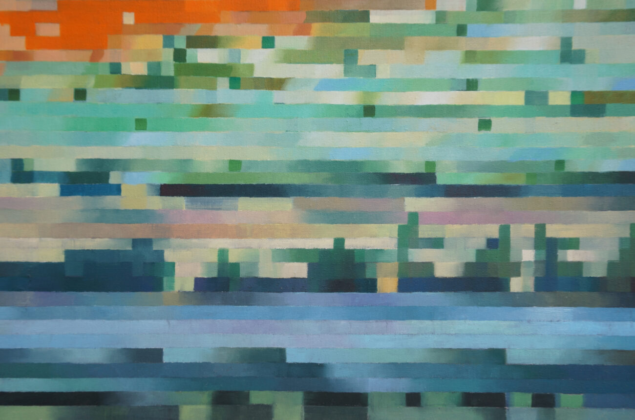 Détail de paysage peinture contemporaine pixelisée qui représente le rivage d'une rivière.