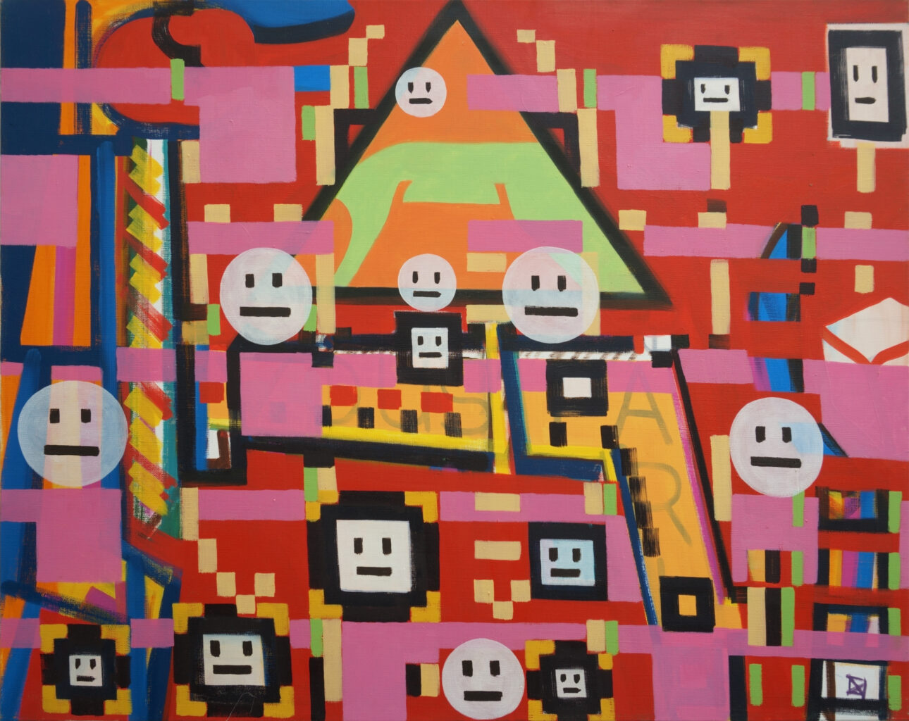 huile sur toile, motif composé d'éléments pixelisés et figure multiple qui rappelle un smiley émoticône, emoji