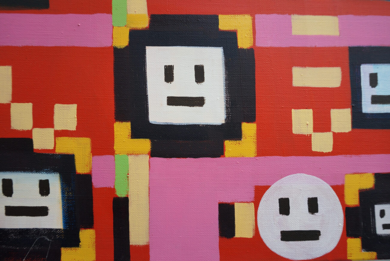 Détail de peinture à l'huile sur toile, motif composé d'éléments pixelisés et figure multiple qui rappelle un smiley émoticône, emoji