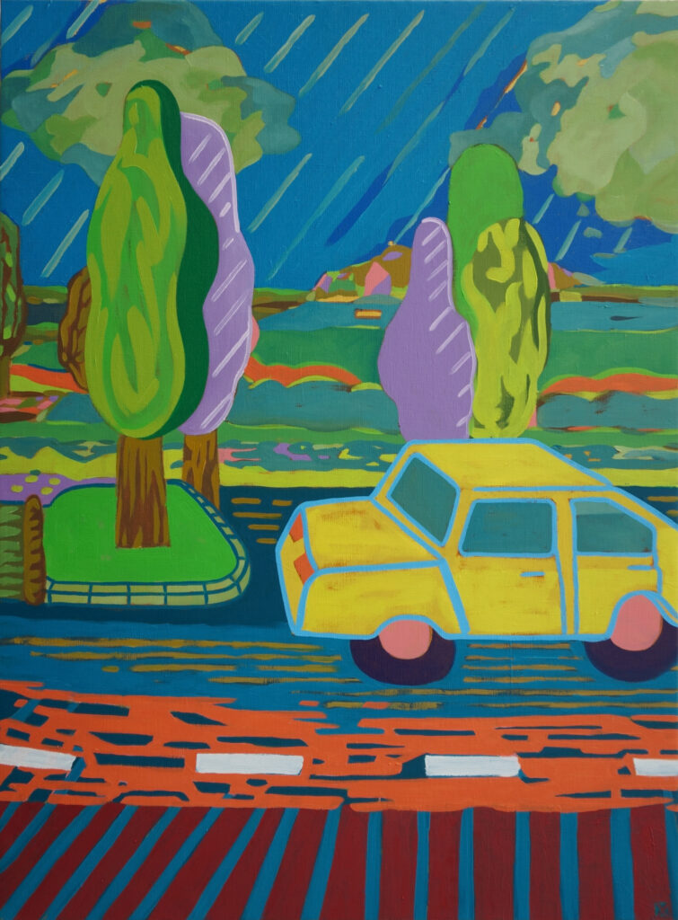 Peinture à l'huile qui représente une route avec une voiture jaune avec un paysage derrière agrémenté de grands arbres