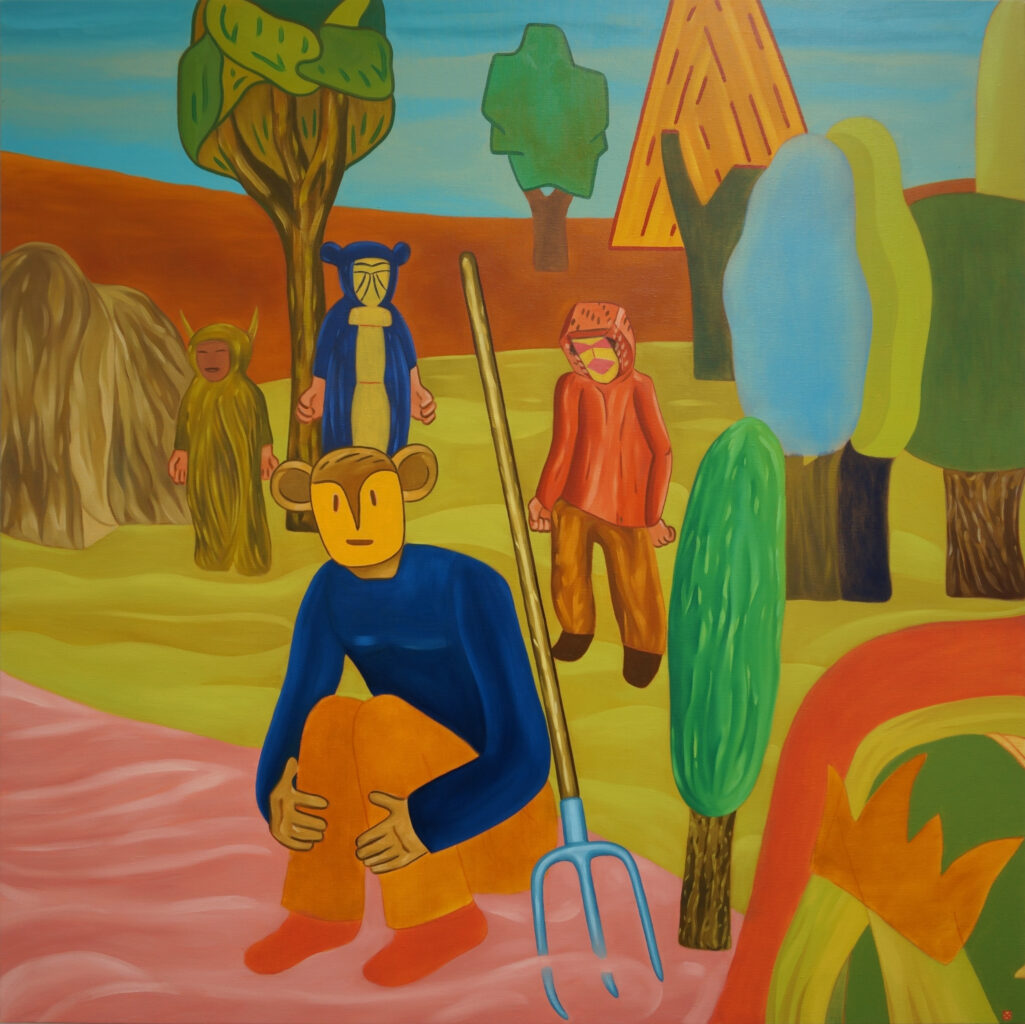 Paysage peinture contemporaine de Benoit Andro personnages avec fourche dehors dans la campagne