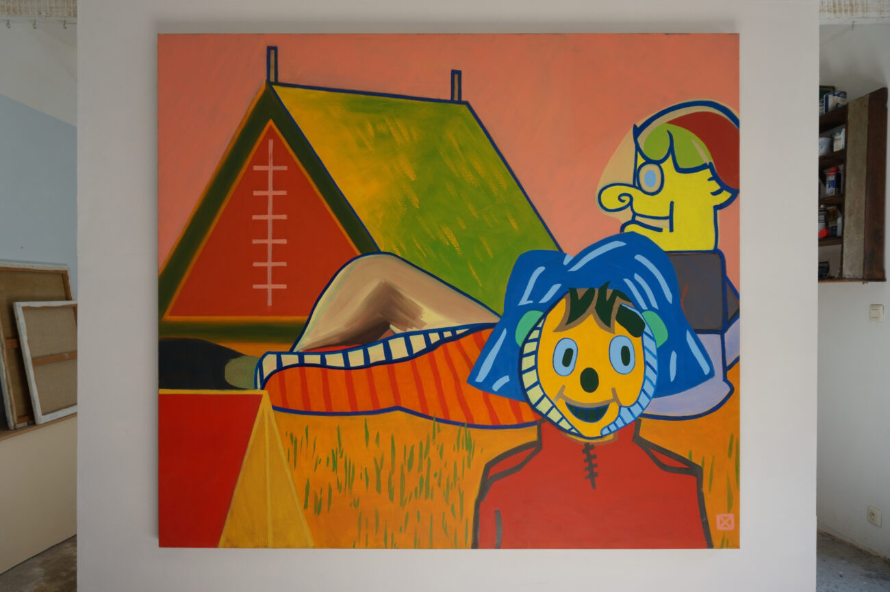 Ici on peut voir une peinture avec deux personnages géométrisés qui ont l'air d'être en vacances tranquillos dans un camping