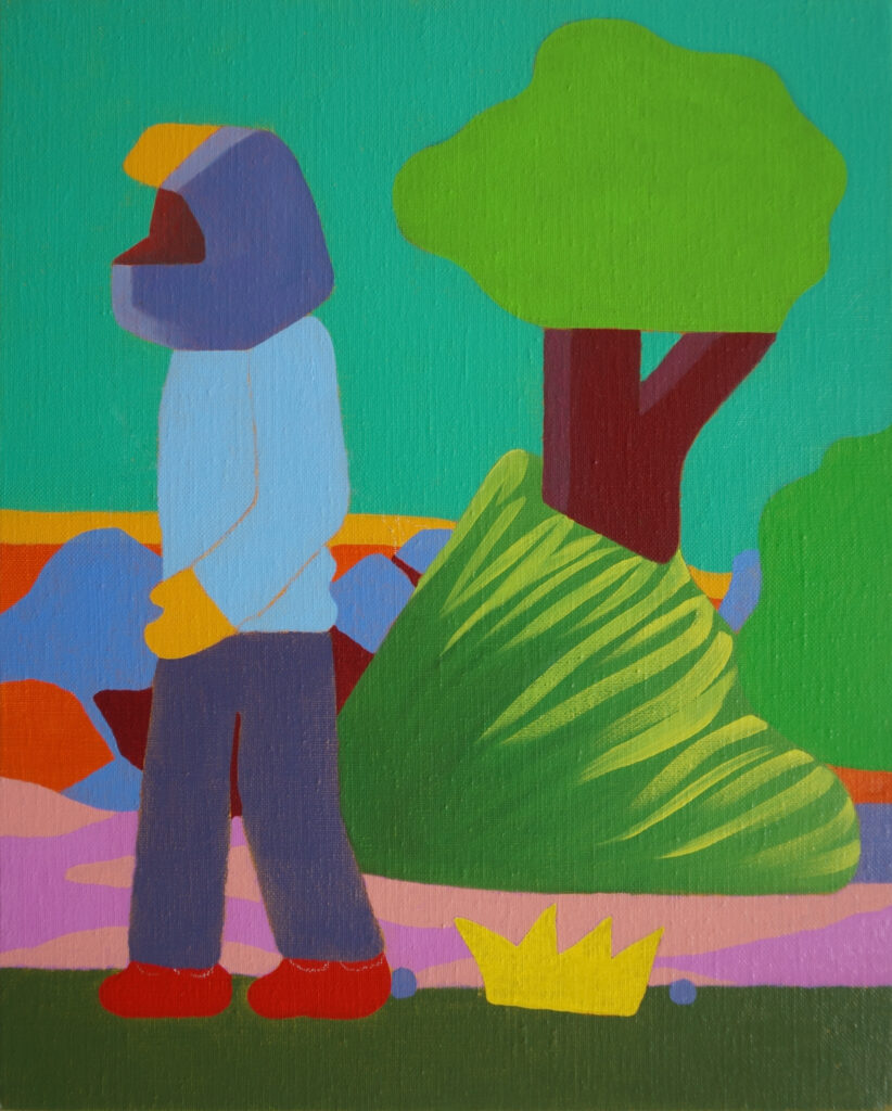 Ici on peut voir une peinture de petit format qui montre un personnage qui porte un casque dans la nature.