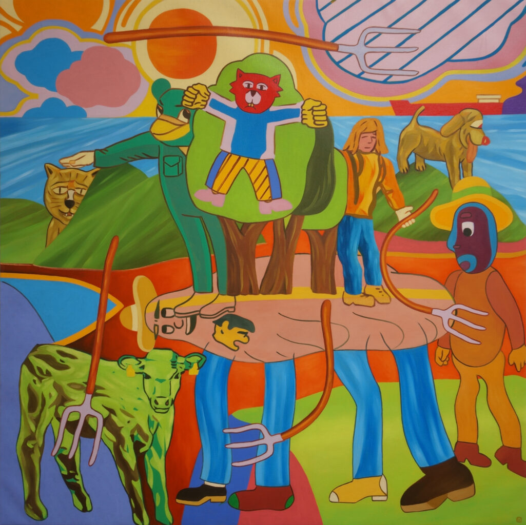 Ici on peut voir une peinture à l'huile qui représente une scène animée composée de plusieurs personnages géométrisés dans un paysage qui suggère à la fois la mer et la campagne.