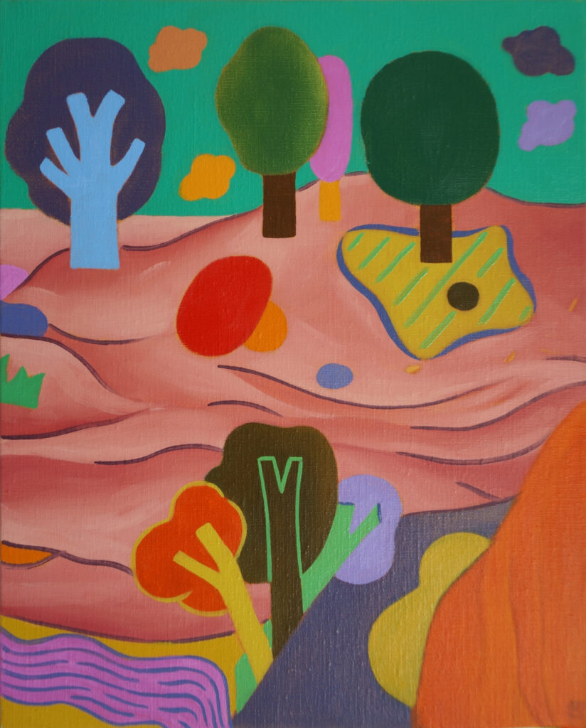 Ici on peut voir un paysage géométrisé avec différentes formes d'arbres et différentes couleurs.