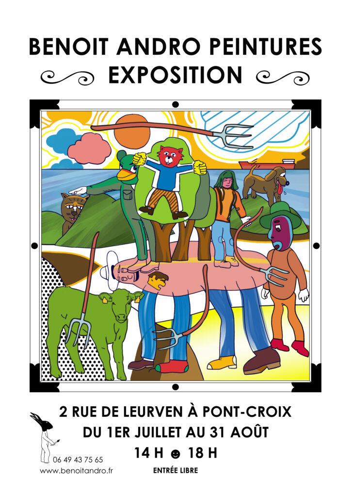 Affiche de l’exposition Benoit Andro 2025 à son atelier. Ouvert du 1er juillet au 31 août tous les jours de 14 h à 18 h.