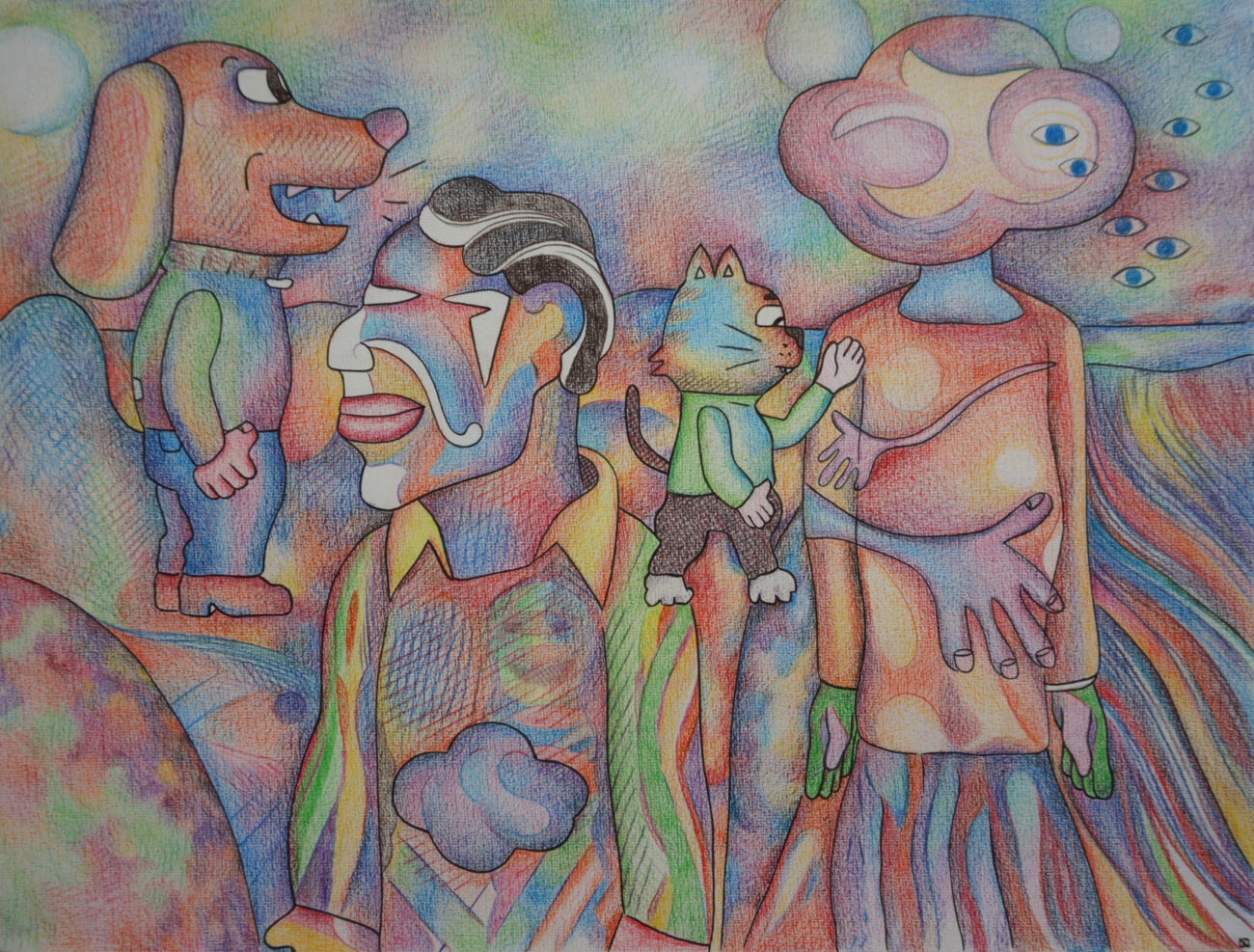Un dessin de Benoît Andro aux crayons de couleurs avec des motifs variés constitutifs du paysage mais ici on voit surtout des personnages mi-hommes mi-animaux mi-nuages qui viennent se mettre devant.