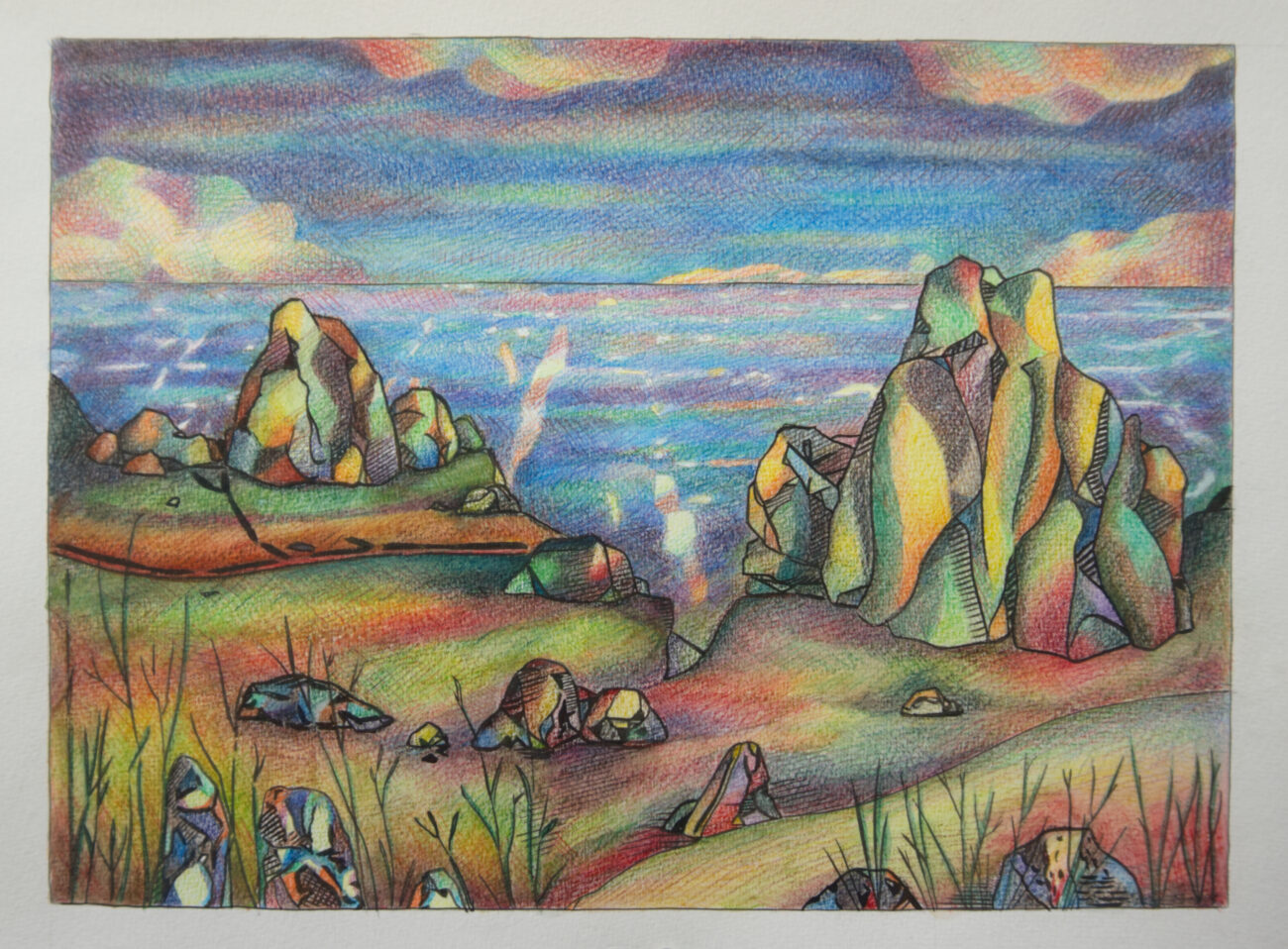 Un dessin de Benoît Andro aux crayons de couleurs qui représente un paysage rocheux découpé devant la mer.