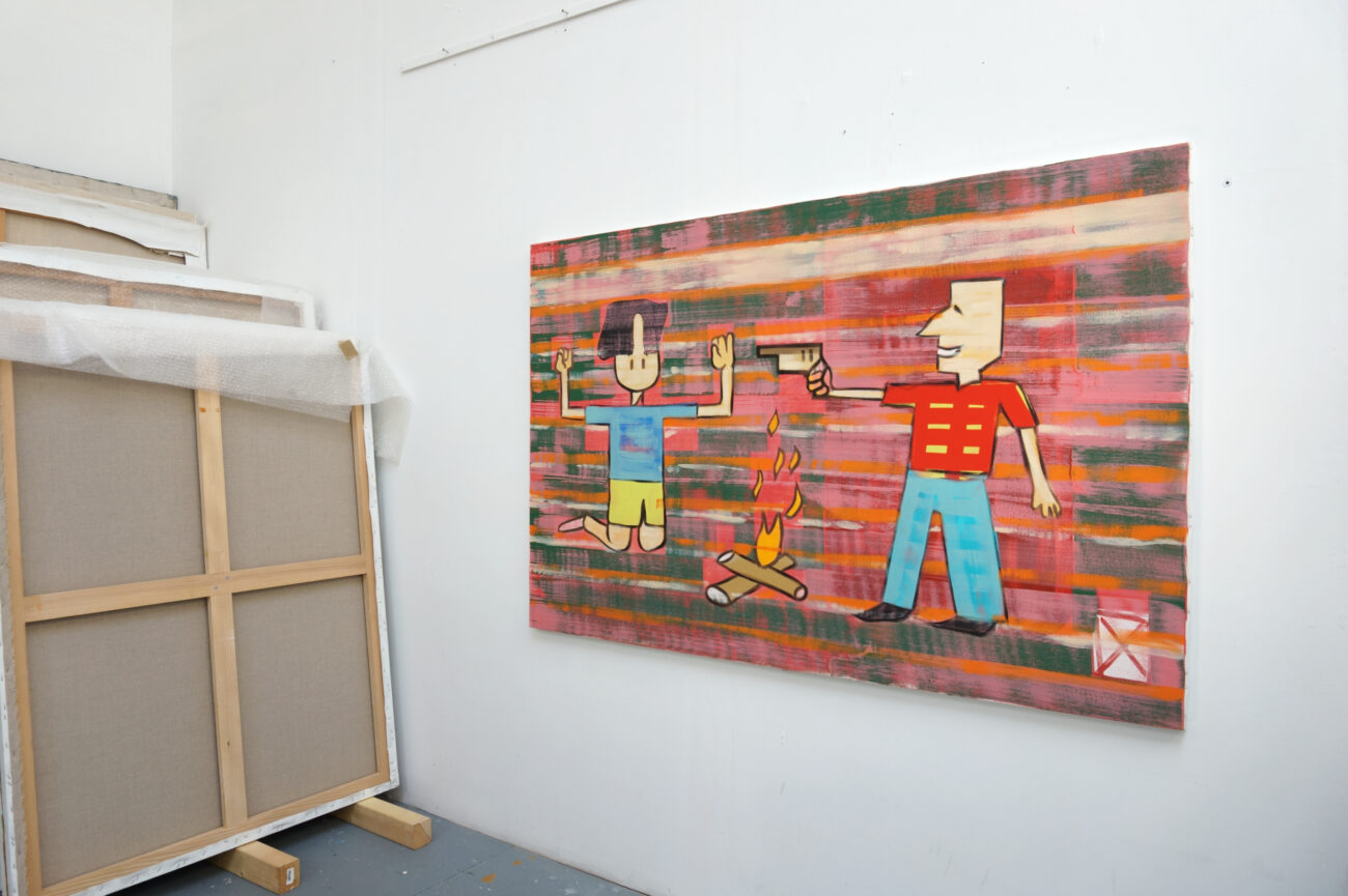 Ici on peut voir Une peinture de Benoît Andro qui représente un personnage qui en menace un autre avec une arme à feu au-dessus d'un feu allumé.