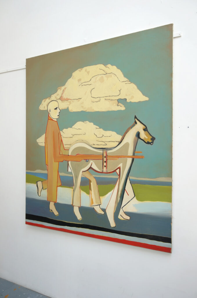 Une peinture de Benoît Andro qui représente un attelage révolutionnaire de carnaval composé d'un cheval et d'un paysan qui le conduit.