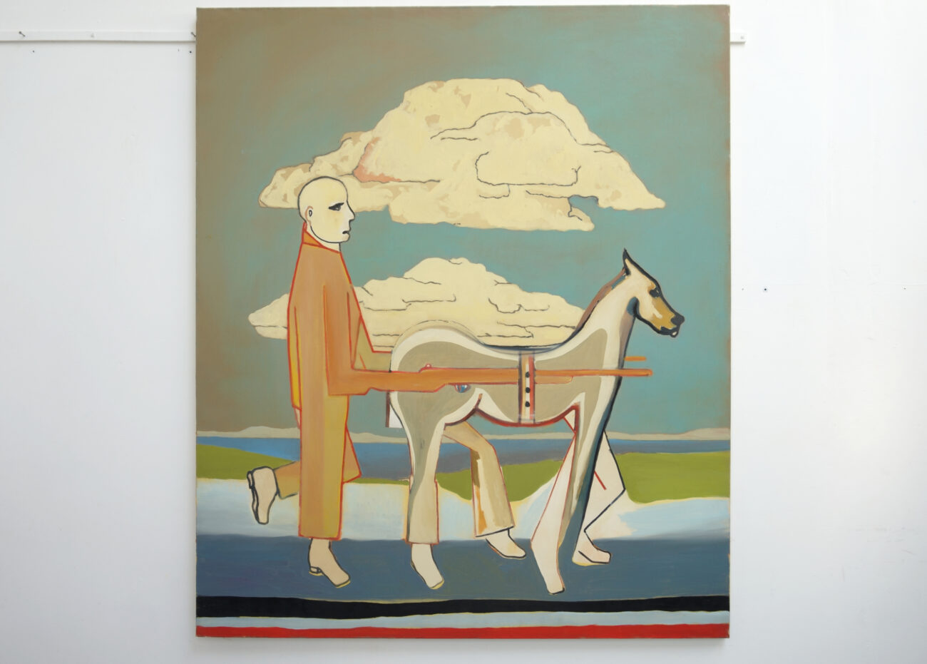 Une peinture de Benoît Andro qui représente un attelage révolutionnaire de carnaval composé d'un cheval et d'un paysan qui le conduit.