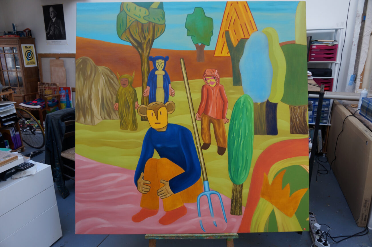 Peinture intitulée "La Fourche", dans l'atelier de benoit andro en mars 2025.