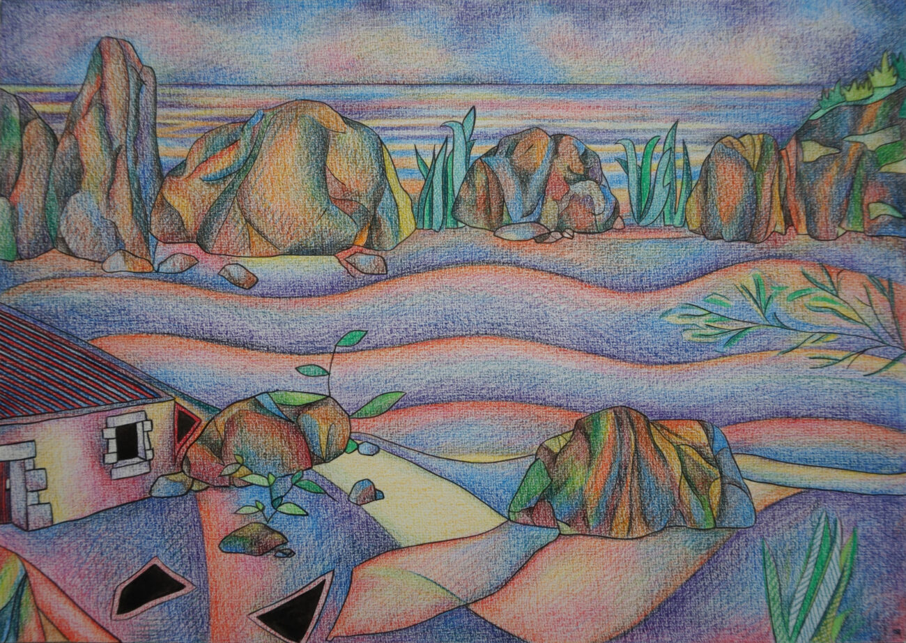 Un dessin de Benoît Andro aux crayons de couleurs qui représente un paysage avec des motifs de rochers et des zones sableuses mauves et ondulées.