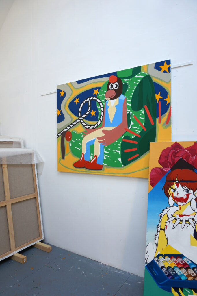 Une peinture de Benoit Andro qui représente un drôle de personnage en train de voler dans l'espace.