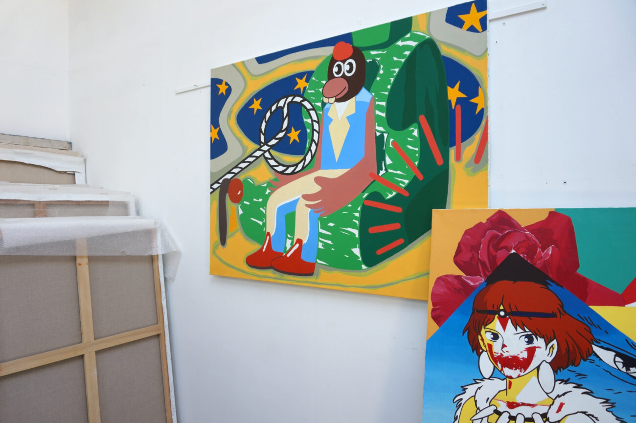 Une peinture de Benoit Andro qui représente un drôle de personnage en train de voler dans l'espace.