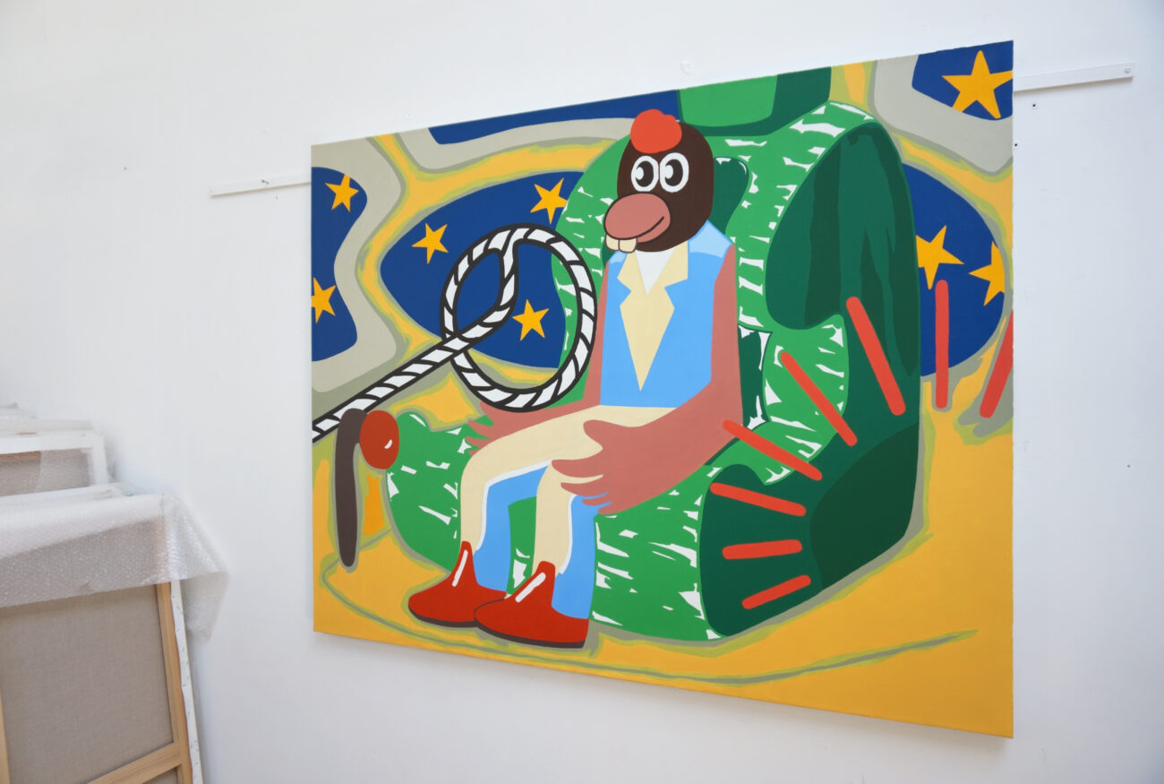 Une peinture de Benoit Andro qui représente un drôle de personnage en train de voler dans l'espace.