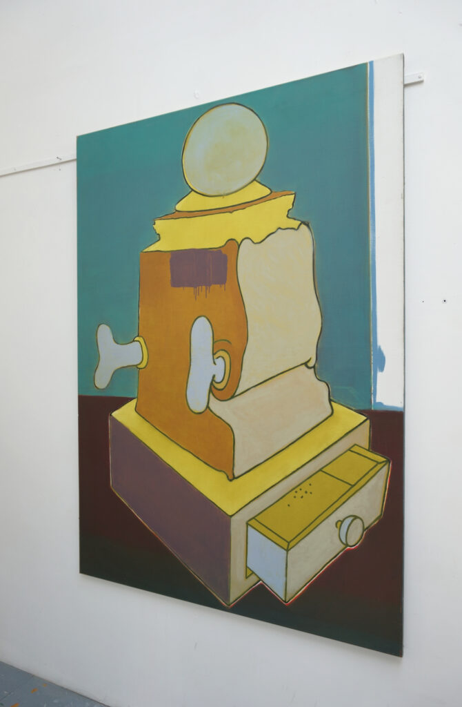 Une peinture de Benoît Andro qui, représente un objet à la fois moulin et tiroir. au fond du tiroir: de la poussière.