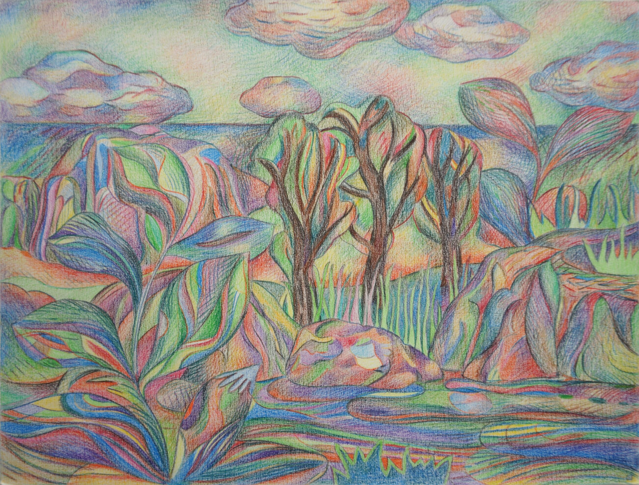 Un dessin de Benoît Andro aux crayons de couleurs qui représente un paysage avec des motifs colorés d'arbres et de végétation mêlés.