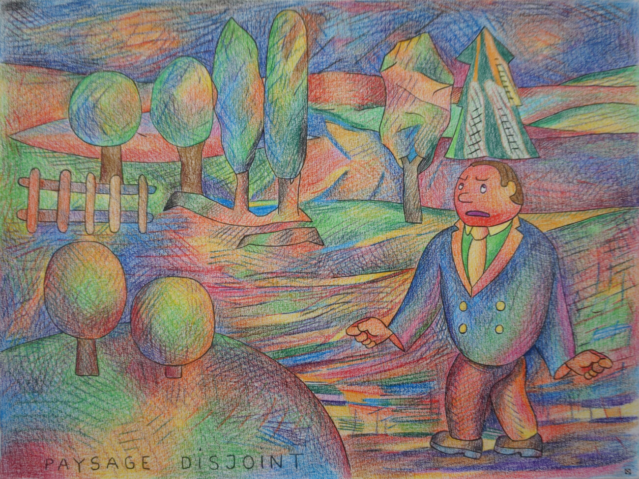 Un dessin de Benoît Andro aux crayons de couleurs qui représente un paysage avec un personnage qui n'a pas l'air content.