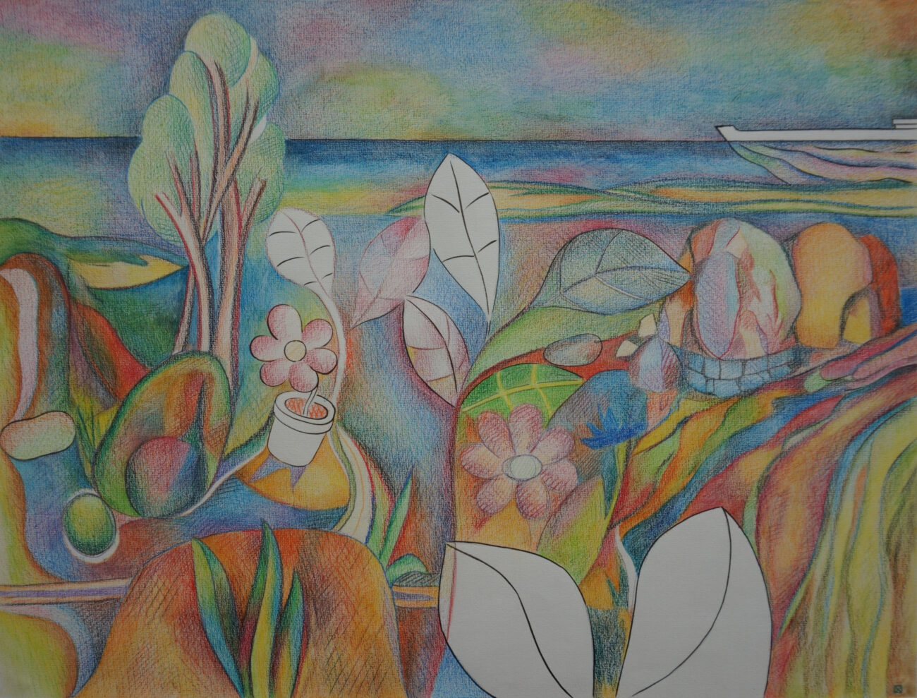 Un dessin de Benoît Andro aux crayons de couleurs qui représente un paysage devant la mer avec des motifs qui se mêlent à la végétation.