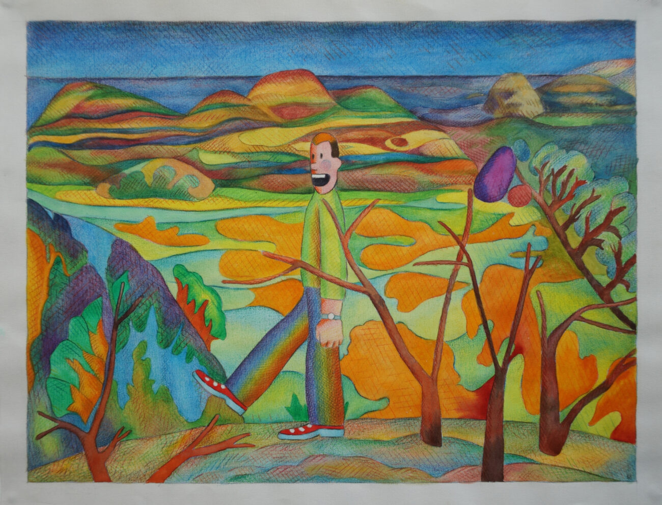 Un dessin de Benoît Andro aux crayons de couleurs qui représente un paysage devant la mer en fond ainsi qu'un personnage devant.