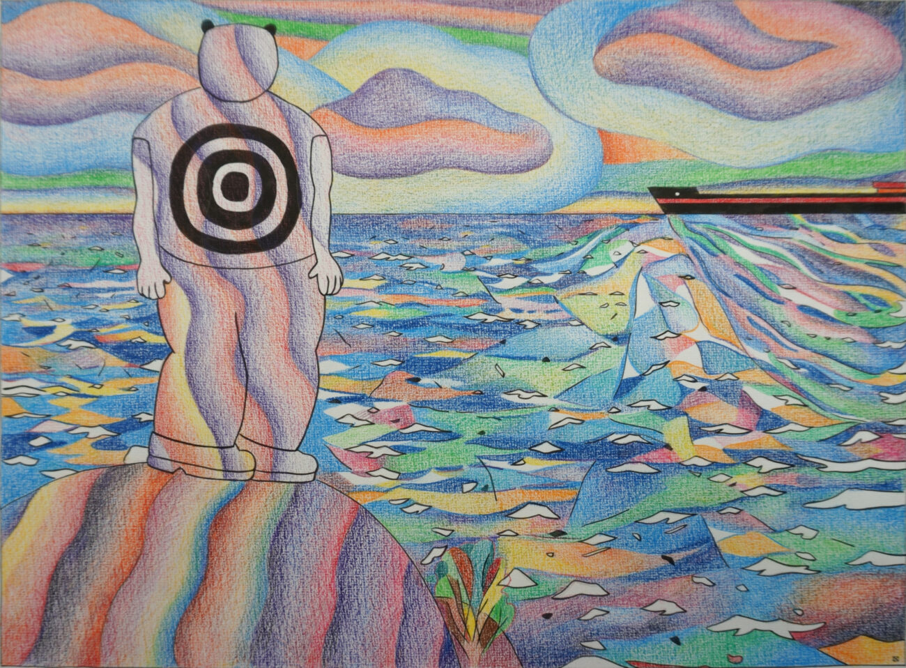 Un dessin de Benoît Andro aux crayons de couleurs qui représente un paysage aux multiples reflets colorés devant la mer ainsi qu'un personnage devant.