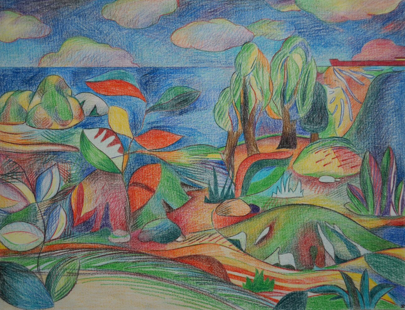 Un dessin de Benoît Andro aux crayons de couleurs qui représente un paysage aux multiples motifs et coloré devant la mer. Un bateau passe au loin.