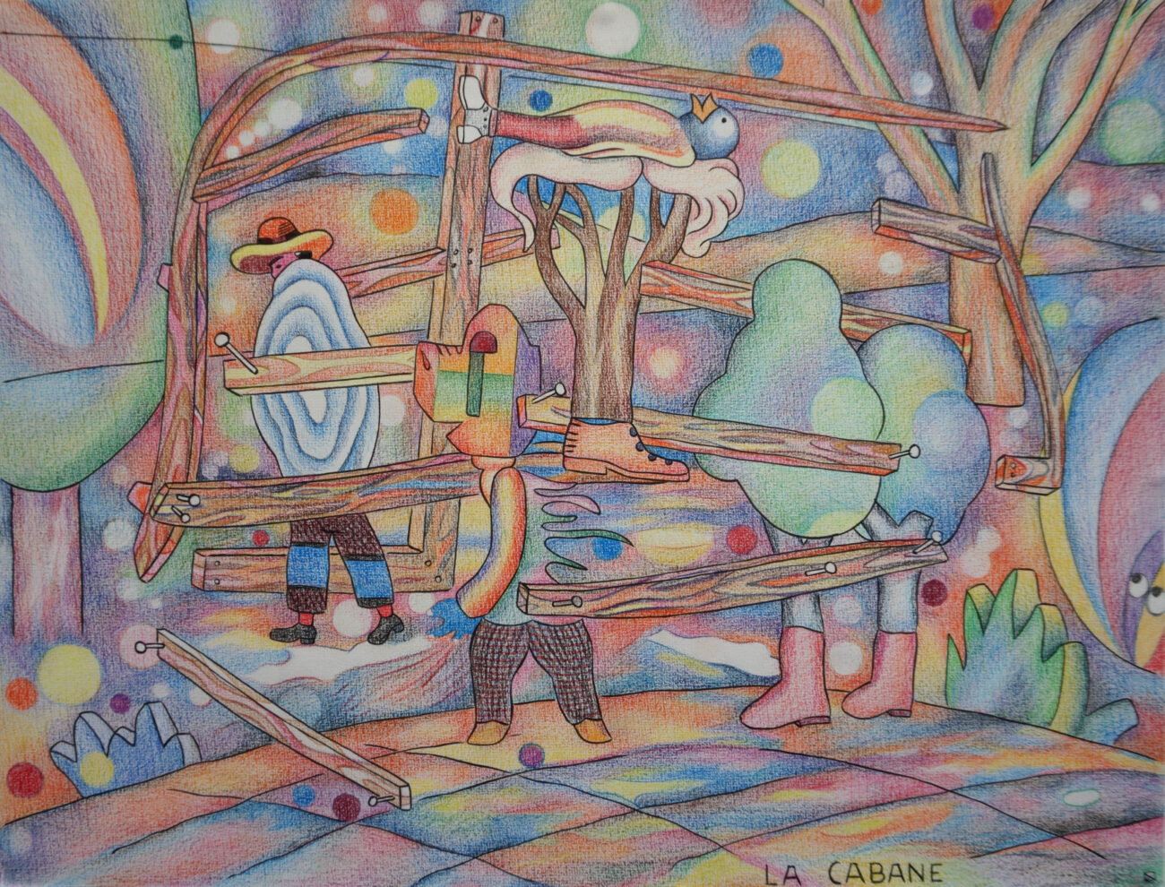 Dessin de Benoît Andro aux crayons de couleurs avec personnages oniriques dans un paysage qui ne l'est pas moins.