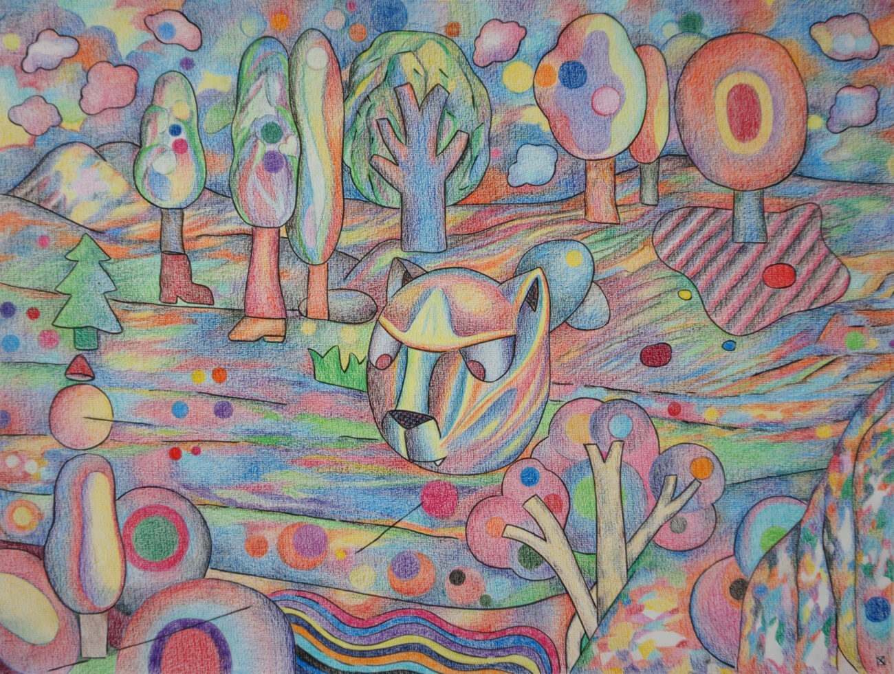 Dessin de paysage aux crayons de couleurs avec tête de chat de toutes les couleurs mais surtout du rose. Auteur Benoit Andro