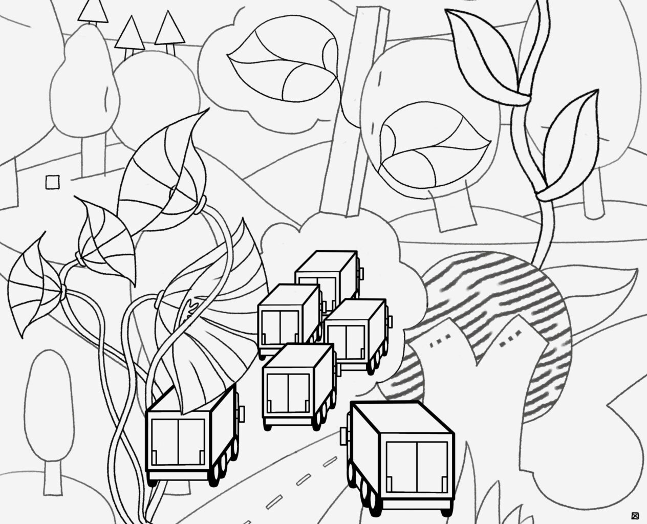 dessin esquisse de benoit andro avec paysage et camions