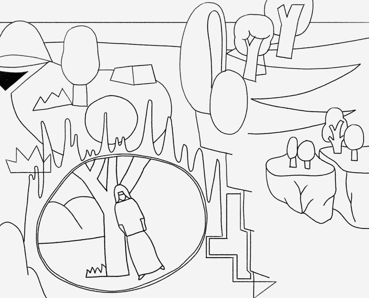 dessin esquisse fantaisie de benoit andro avec paysage et personnage