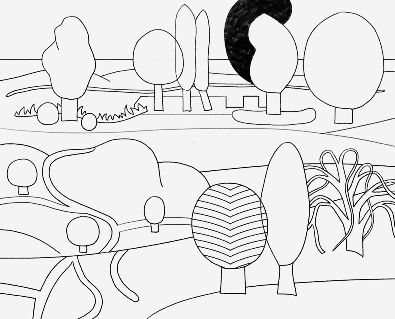 dessin esquisse fantaisie de benoit andro avec paysage géométrisé
