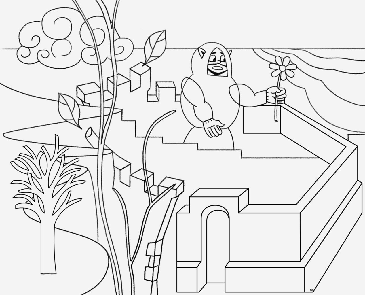 dessin esquisse fantaisie de benoit andro avec paysage et personnage