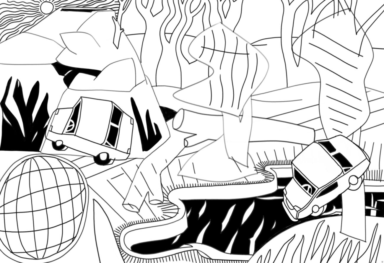 dessin esquisse fantaisie de benoit andro avec paysage et automobiles