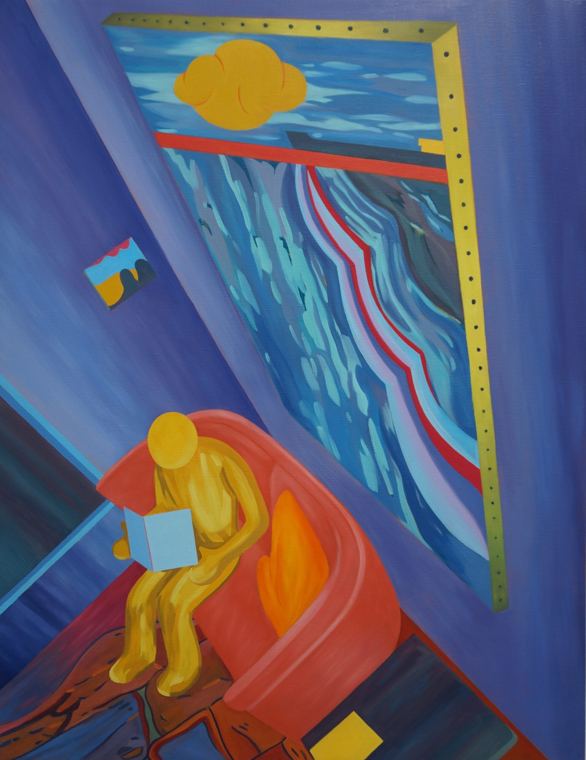 peinture de Benoit Andro on voit un personnage dans une exposition assis sur un canapé en train de lire une brochure. Tout est géométrisé.