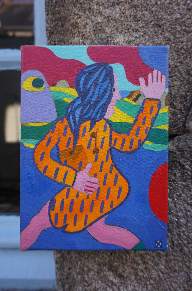 Peinture de Benoit Andro qui représente un personnage féminin avec une robe orange